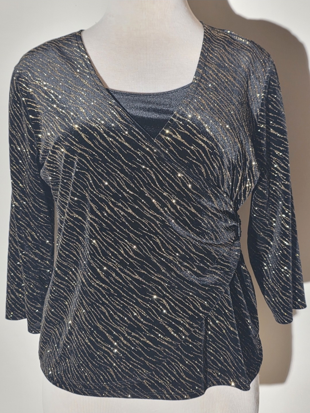 Notations Metallic Black & Gold Wrap-Style Women's Top (Size XL)